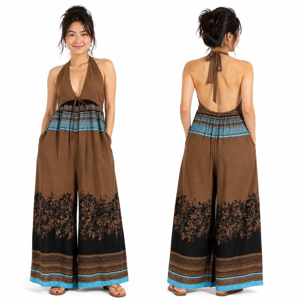 Free People Palm Beach One Piece Printed Wide Leg Jumpsuit